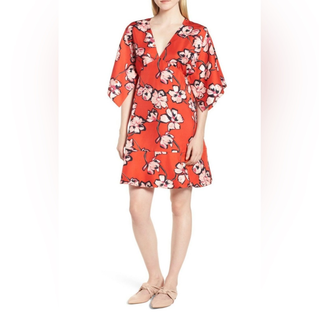 Lewit Kimono Sleeve Mini Dress Floral Red 100% Silk Above Knee Size 6 ($349)